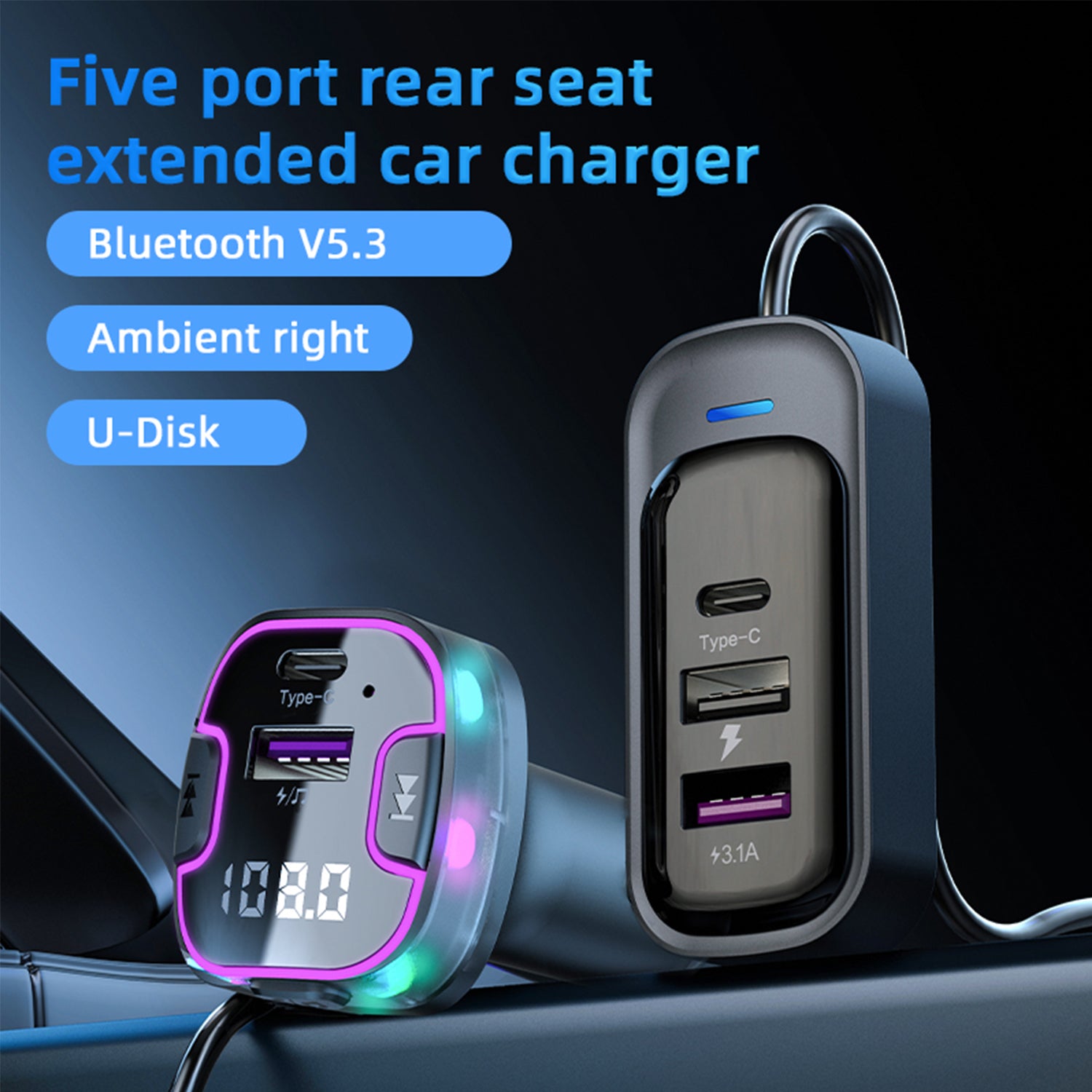 Car MP3 Bluetooth Player Audio Transmitter Car Fast Charging Adapter Compatible With iPhone 15 Series-Black