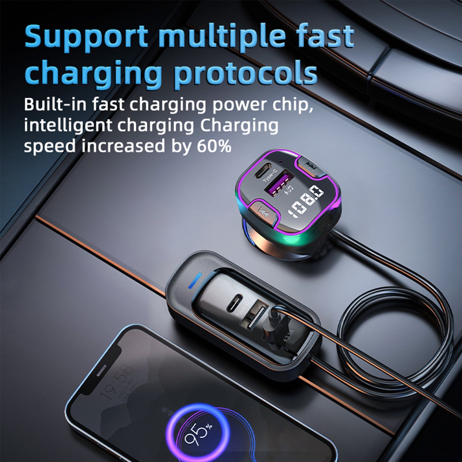 Car MP3 Bluetooth Player Audio Transmitter Car Fast Charging Adapter Compatible With iPhone 15 Series-Black