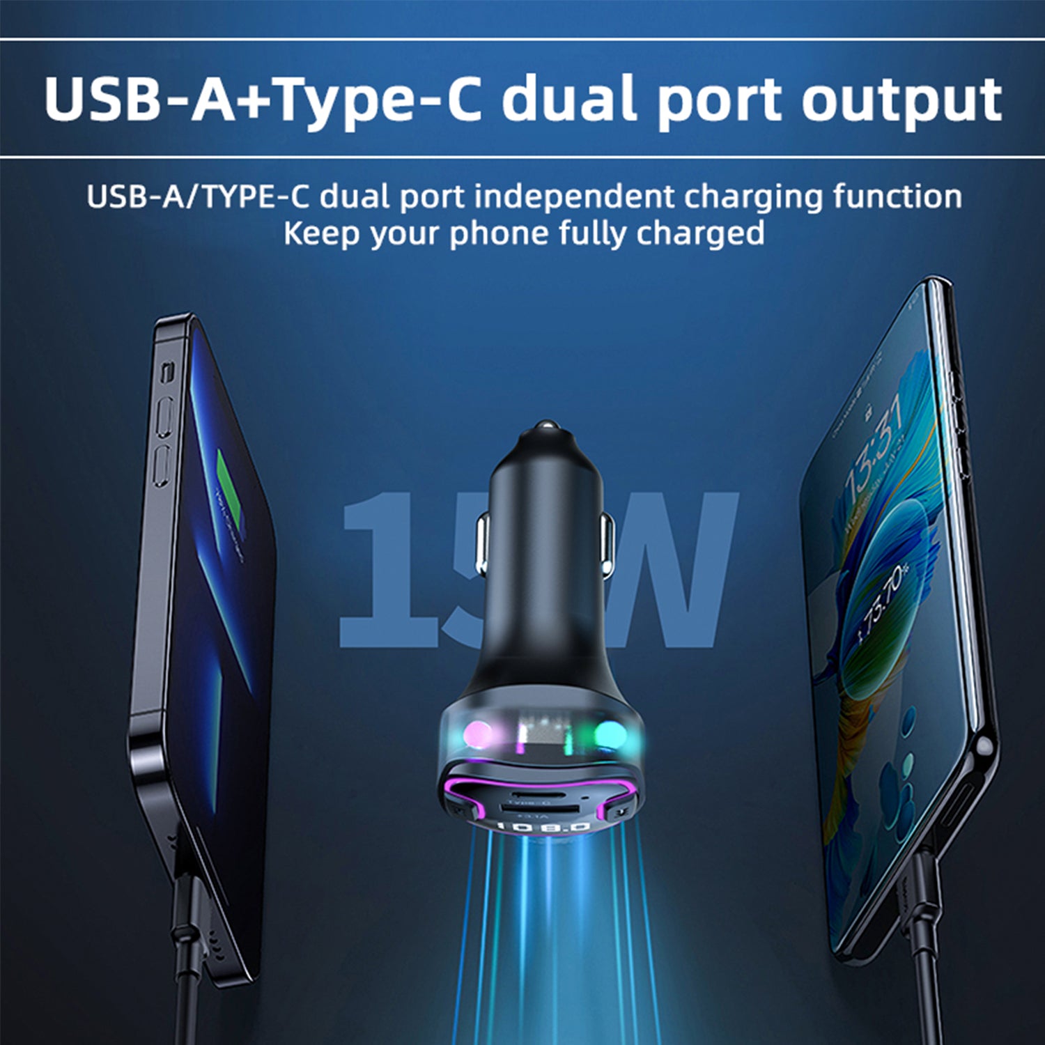 Car MP3 Bluetooth Player Audio Transmitter Car Fast Charging Adapter Compatible With iPhone 15 Series-Black