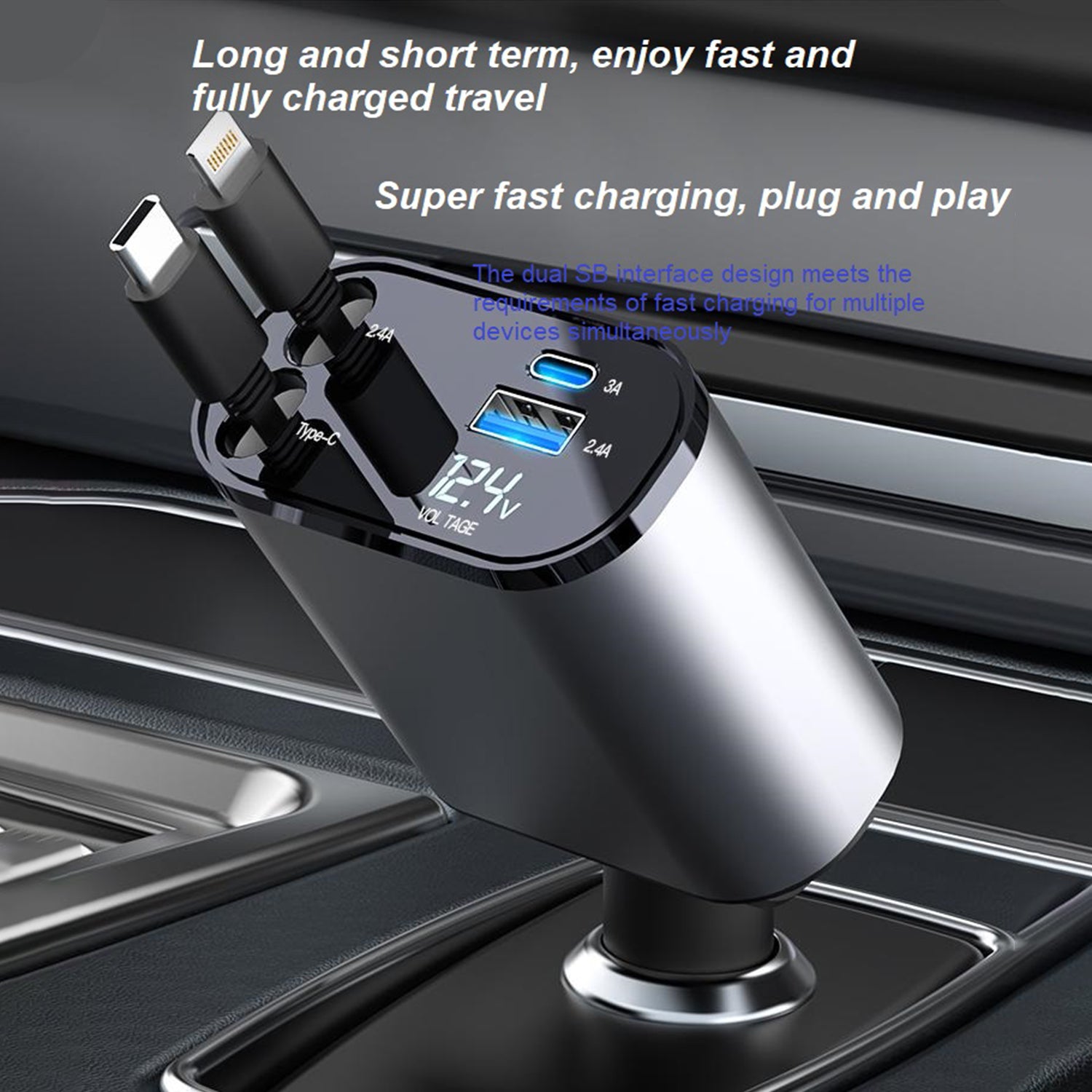 100w Type-C to Lightning Dual Port(USB＋Type-C）Car Fast Charge Cable Adapter Compatible With iPhone 15 Series-Black