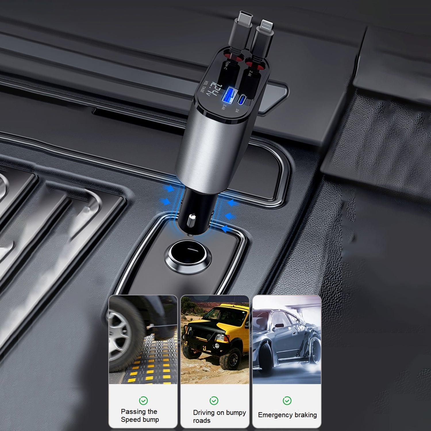 100w Type-C to Lightning Dual Port(USB＋Type-C）Car Fast Charge Cable Adapter Compatible With iPhone 15 Series-Black