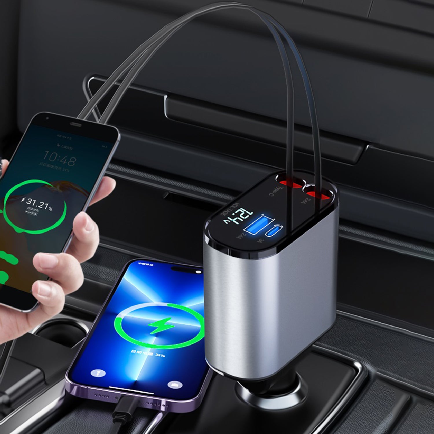 100w Type-C to Lightning Dual Port(USB＋Type-C）Car Fast Charge Cable Adapter Compatible With iPhone 15 Series-Black