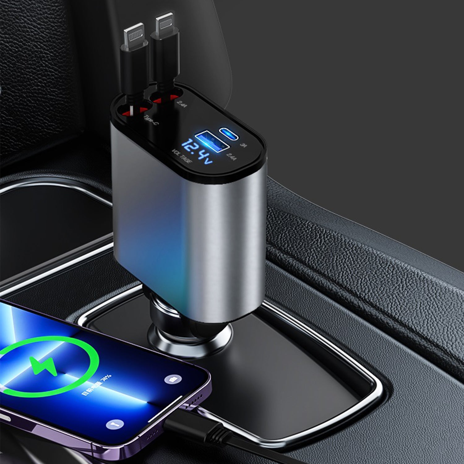 100w Lightning to Lightning Dual Port(USB＋Type-C）Car Fast Charge Cable Adapter-Black