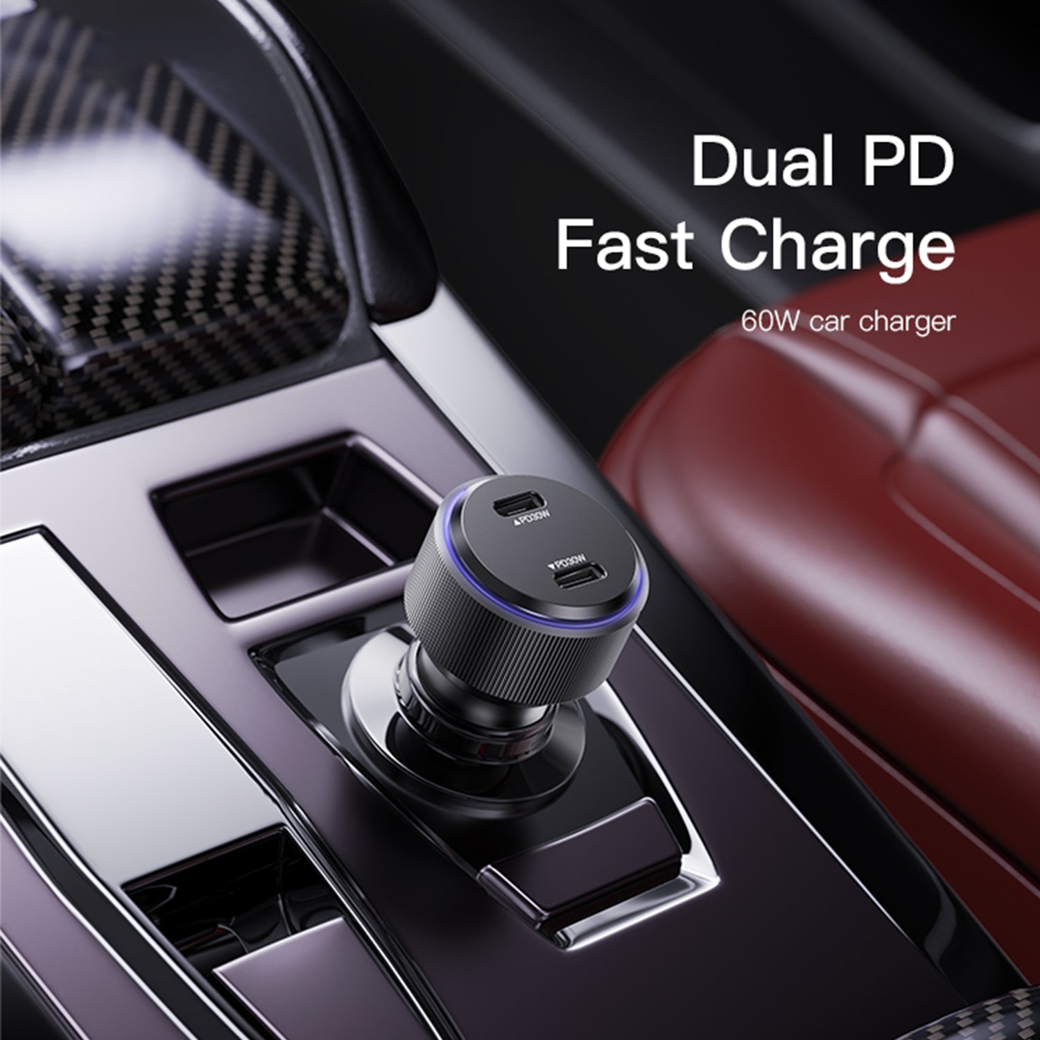 USB C 60W Car Charger, Dual Type C Car Fast Charging Adapter Compatible With iPhone 15 Series-Black