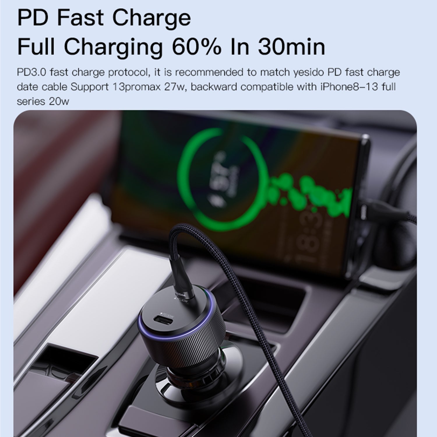 USB C 60W Car Charger, Dual Type C Car Fast Charging Adapter Compatible With iPhone 15 Series-Black