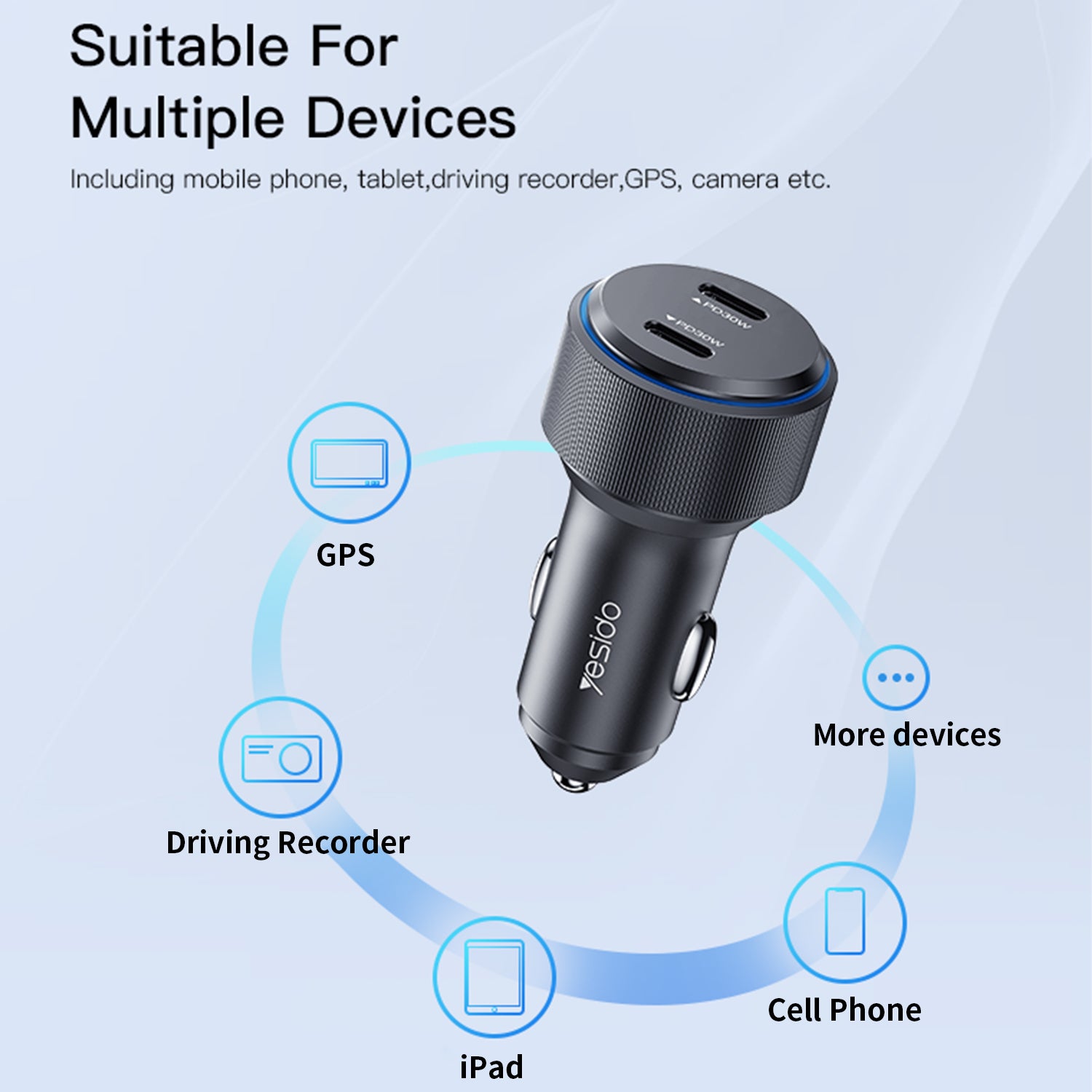 USB C 60W Car Charger, Dual Type C Car Fast Charging Adapter Compatible With iPhone 15 Series-Black