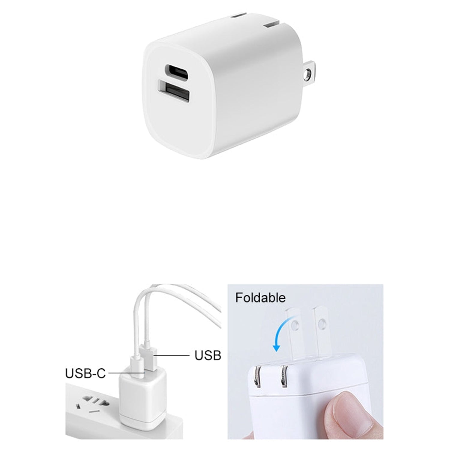 PD 20W 2 prots foldable USB / USB-C home adapter wall charger-White