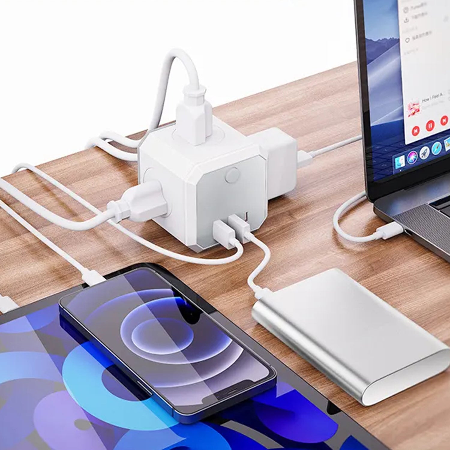 3 USB Ports 4-Sided Socket Power Fast Charging Adapter-White