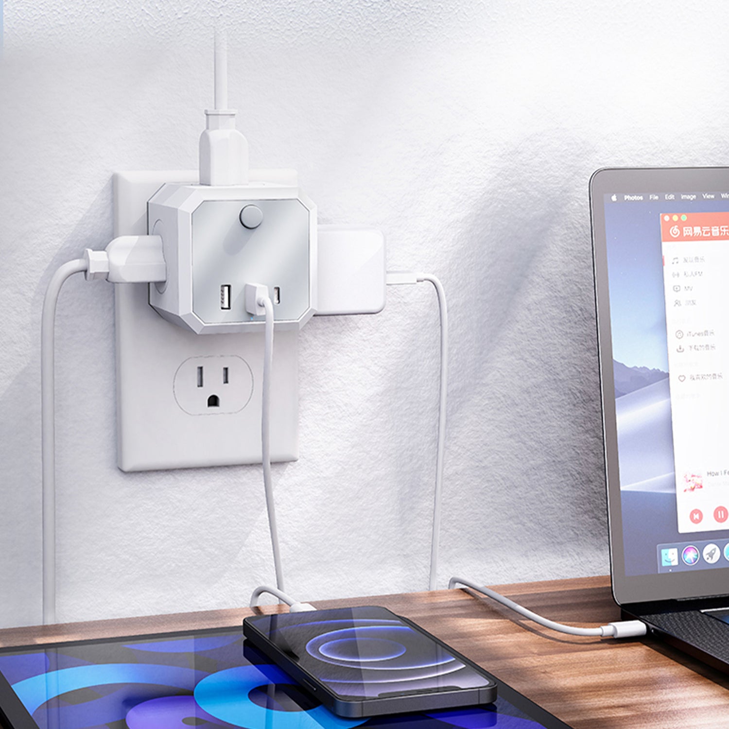3 USB Ports 4-Sided Socket Wired Power Fast Charge Adapter-White