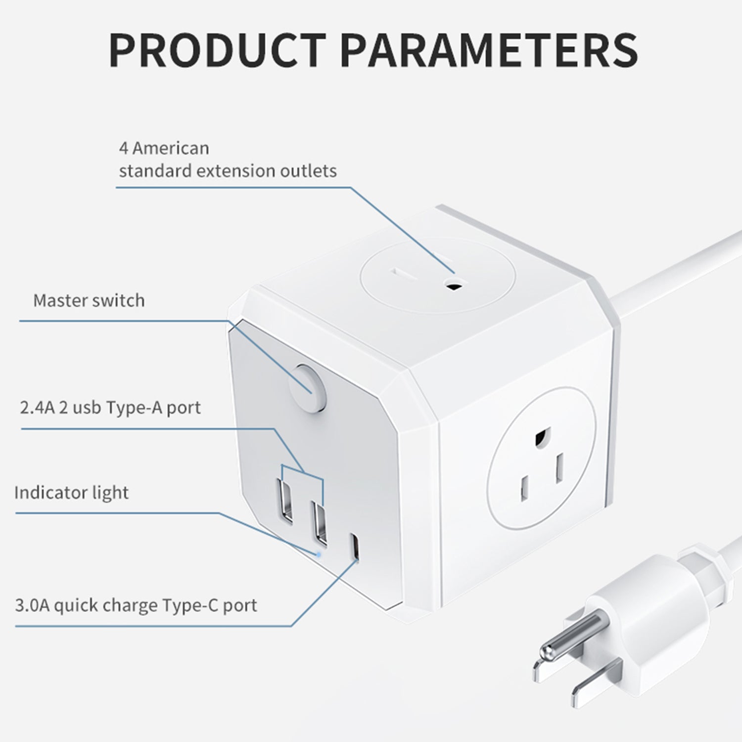 3 USB Ports 4-Sided Socket Wired Power Fast Charge Adapter-White