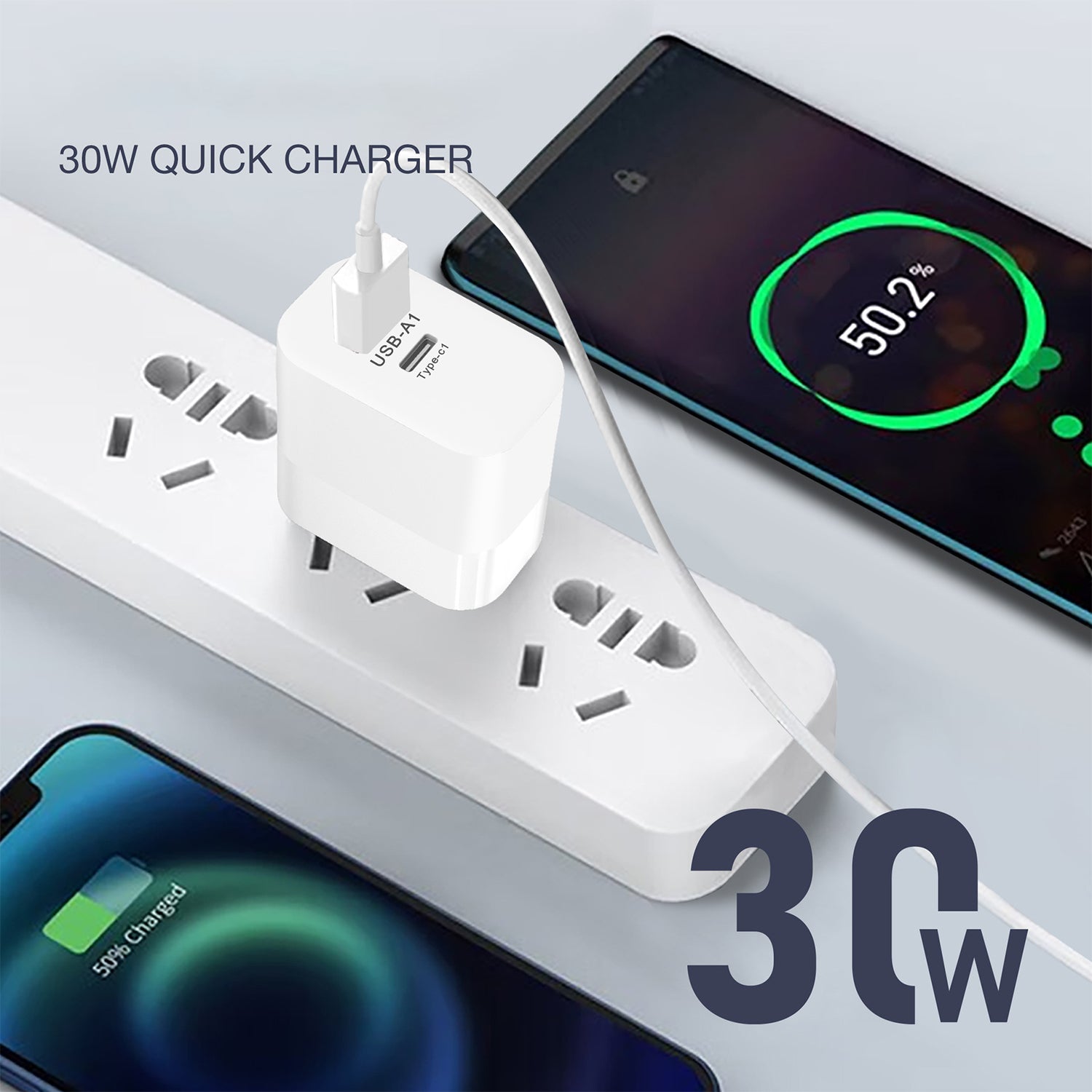 30W Dual Port (USB-A+ PD Type-C) Multifunctional Fast Charging Adapter Compatible With iPhone 15 Series-White