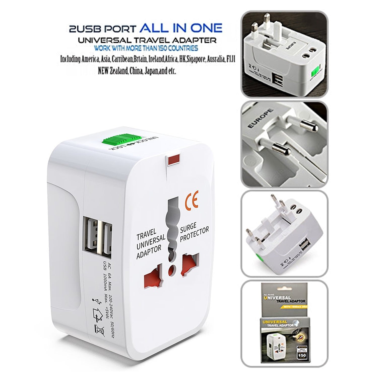 All in One Universal Travel Adapter With 2 USB Charging Port