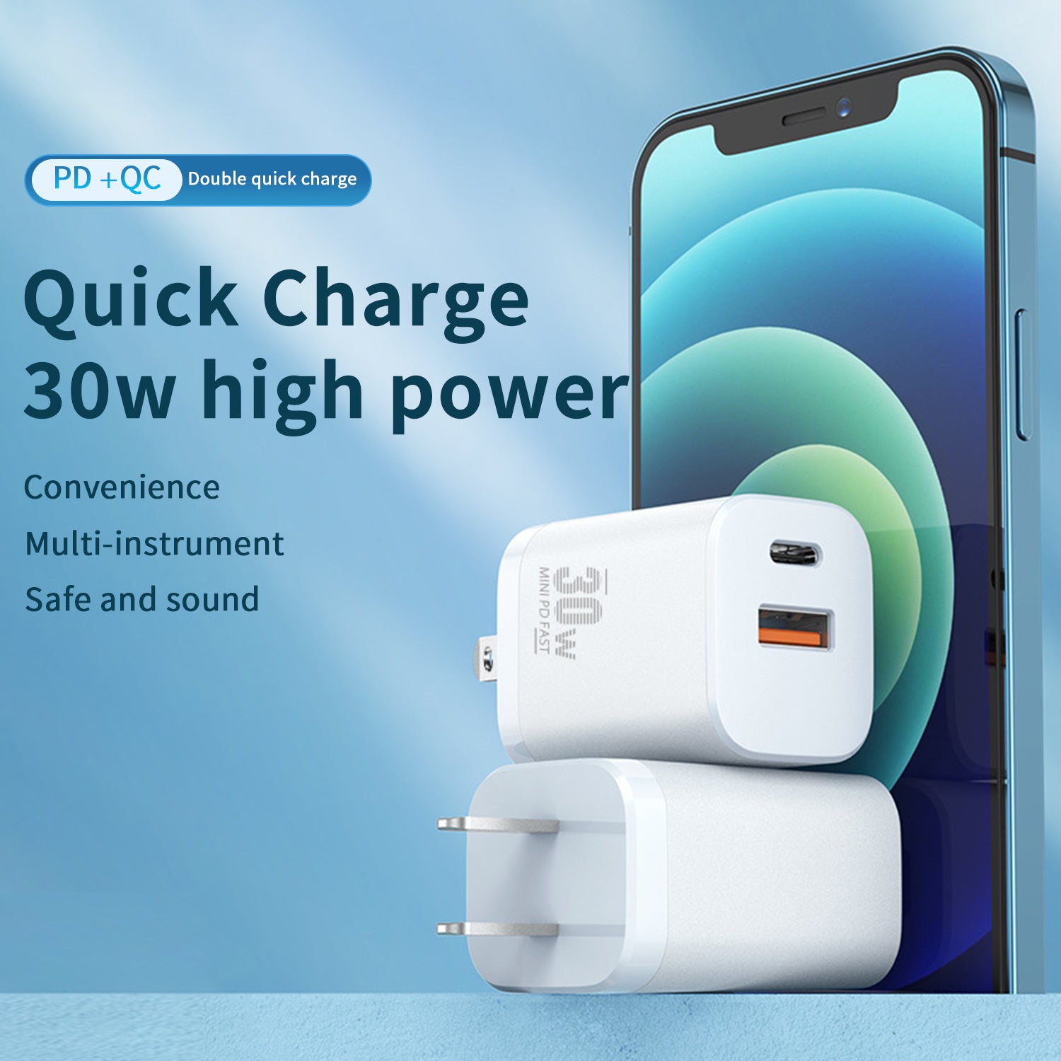 30W PD 2 port (USB 3.0 +PD) is used for Fast Charging Adapter Compatible With iPhone 15 Series-White