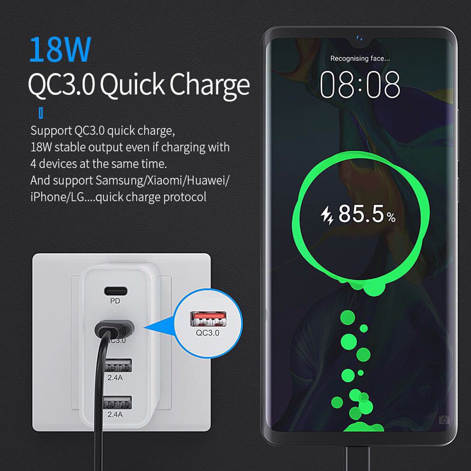 48W 4 Ports (3 USB3.0+TypeC )Quick Charger for iPhone 13/12/11 and other Devices