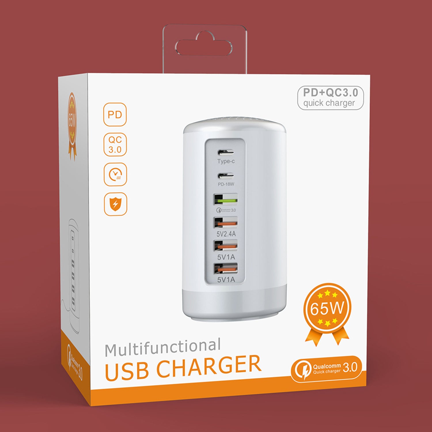 iSmart Multiple Port Fast Charging Station (PD Port+Type C Port+USB 3.0 +2.1A USB Port +1.0 USB Port)for iPhone 13/12/11/XR and other Devices