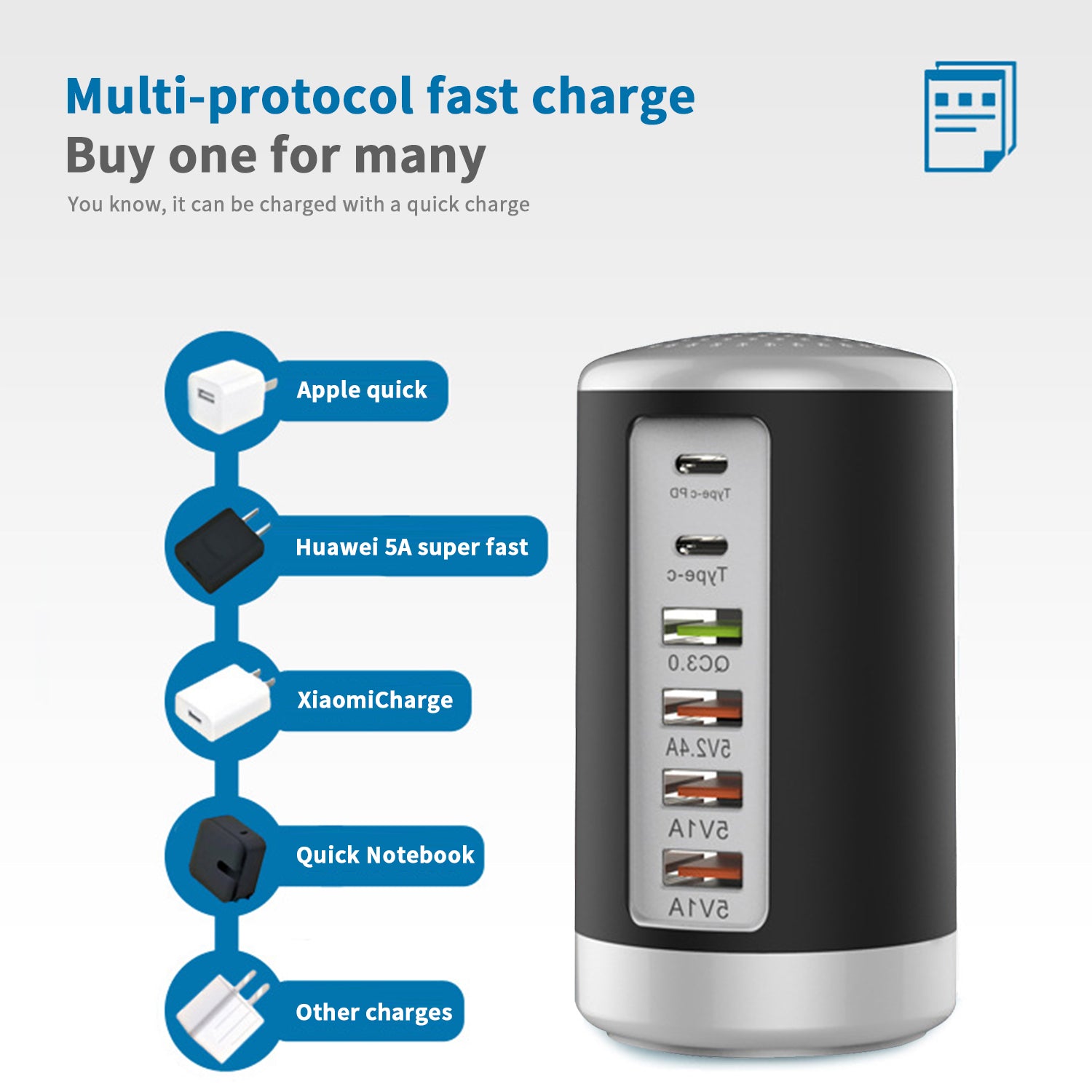 iSmart Multiple Port Fast Charging Station (PD Port+Type C Port+USB 3.0 +2.1A USB Port +1.0 USB Port)for iPhone 13/12/11/XR and other Devices