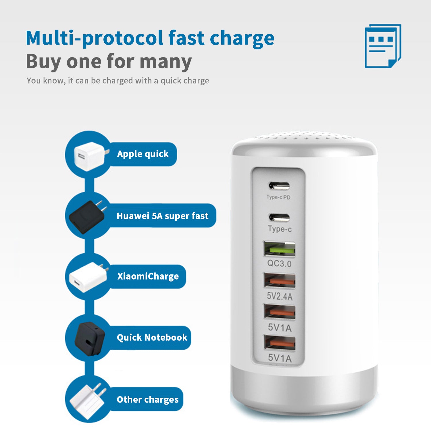 iSmart Multiple Port Fast Charging Station (PD Port+Type C Port+USB 3.0 +2.1A USB Port +1.0 USB Port)for iPhone 13/12/11/XR and other Devices