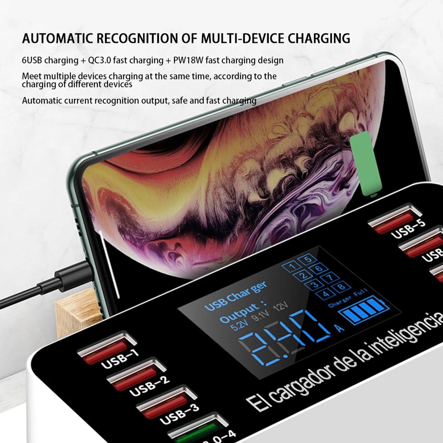 7USB/Type-C/QC3.0 intelligent charger with display