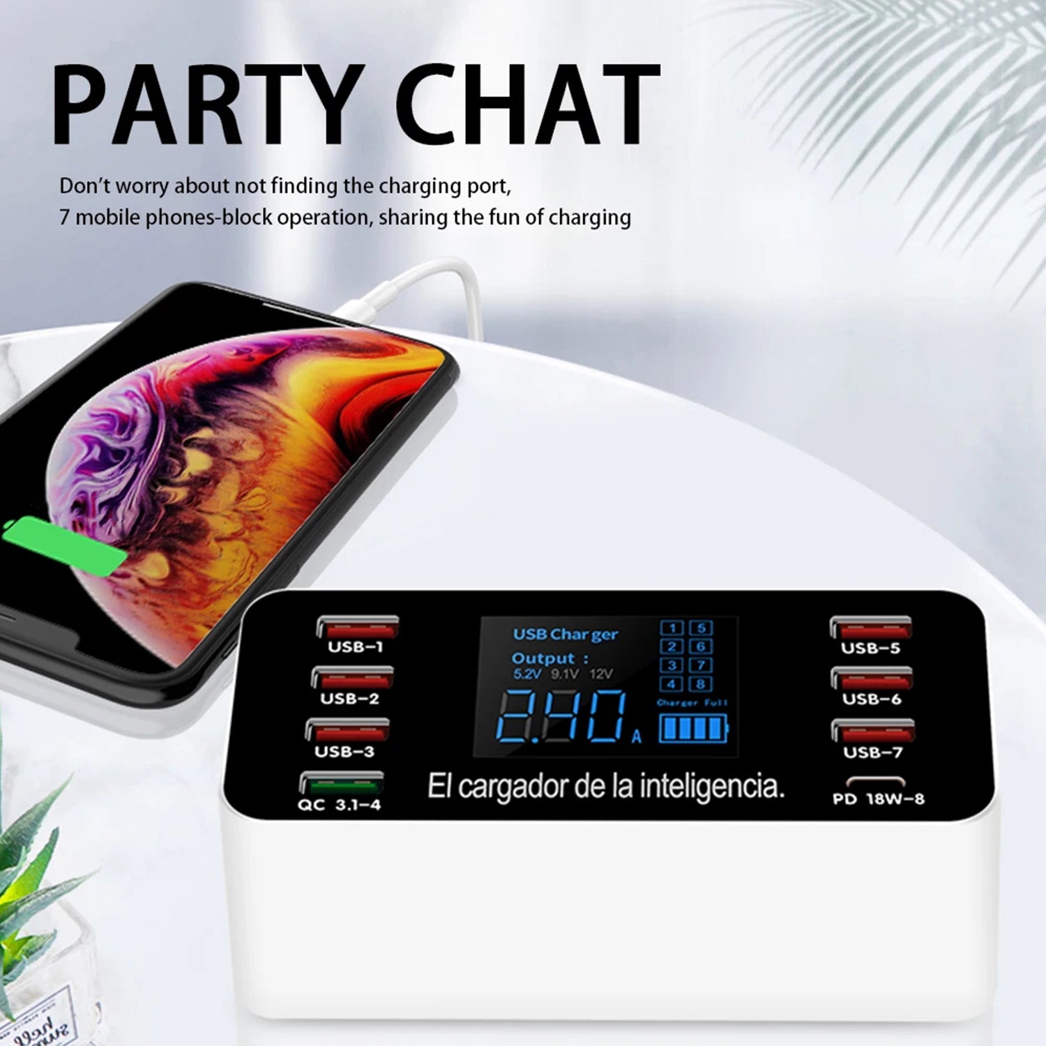 7USB/Type-C/QC3.0 intelligent charger with display
