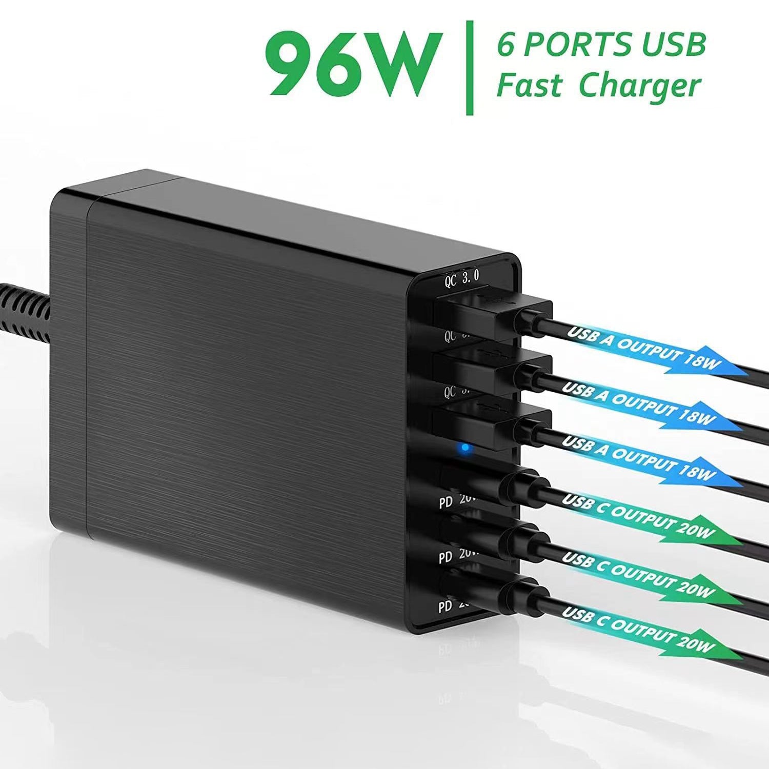 96W 6 Ports (3 USB3.0+3 Type-C )Quick Charger-Black