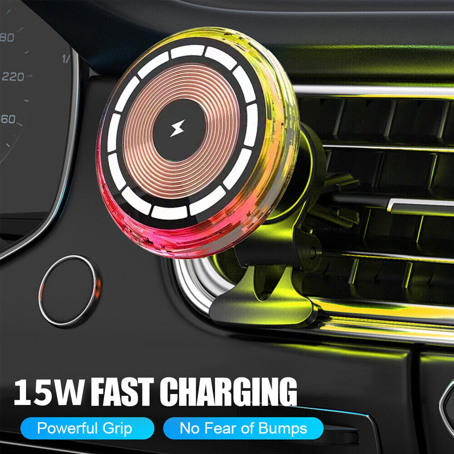 15W RGB Car Wireless Charger Magnetic Phone Holder Fast Charge Air Vent Phone Mount