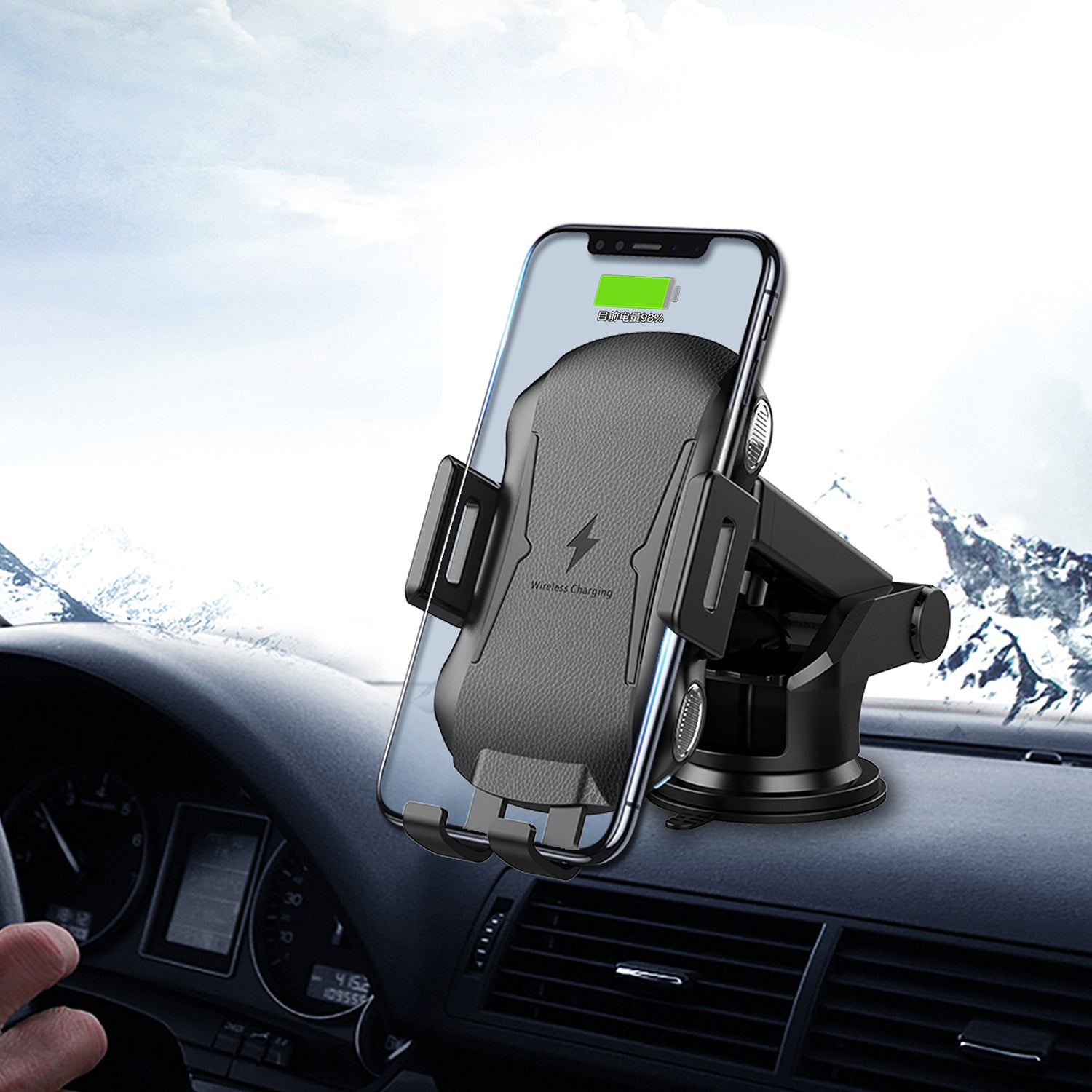 Car-mounted wireless charger holder with suction cup-Black