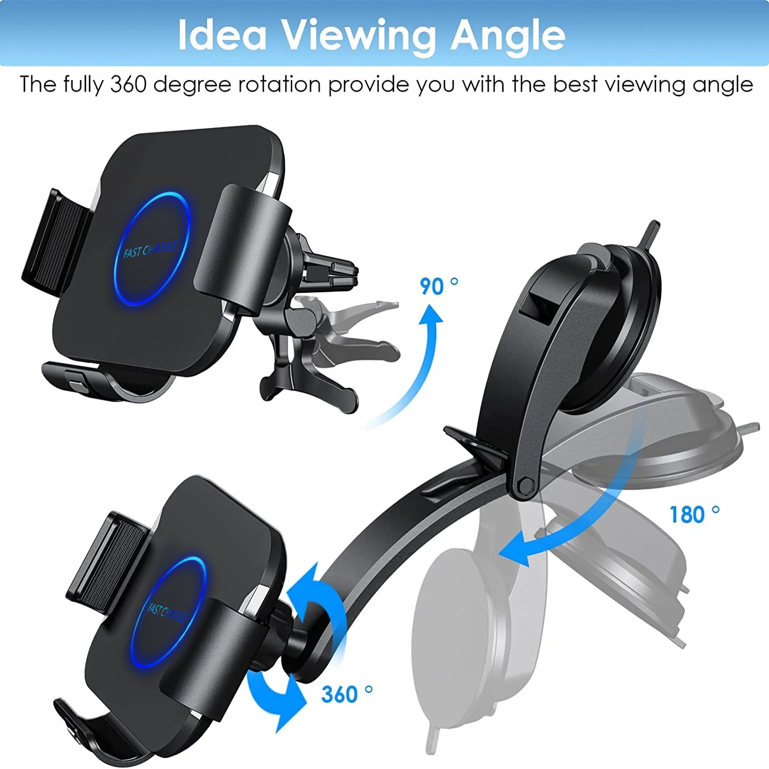 Wireless Car Charger Mount For Samsung Galaxy Z Fold 5/4/3/2, Auto-Clamping Air Vent Dashboard Car Phone Holder ，Replaceable Suction Cup-Black