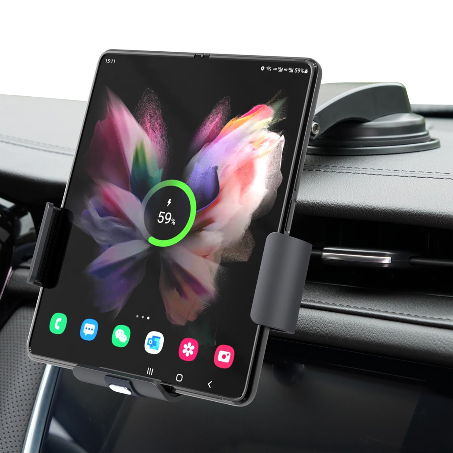 Wireless Car Charger Mount For Samsung Galaxy Z Fold 5/4/3/2, Auto-Clamping Air Vent Dashboard Car Phone Holder ，Replaceable Suction Cup-Black