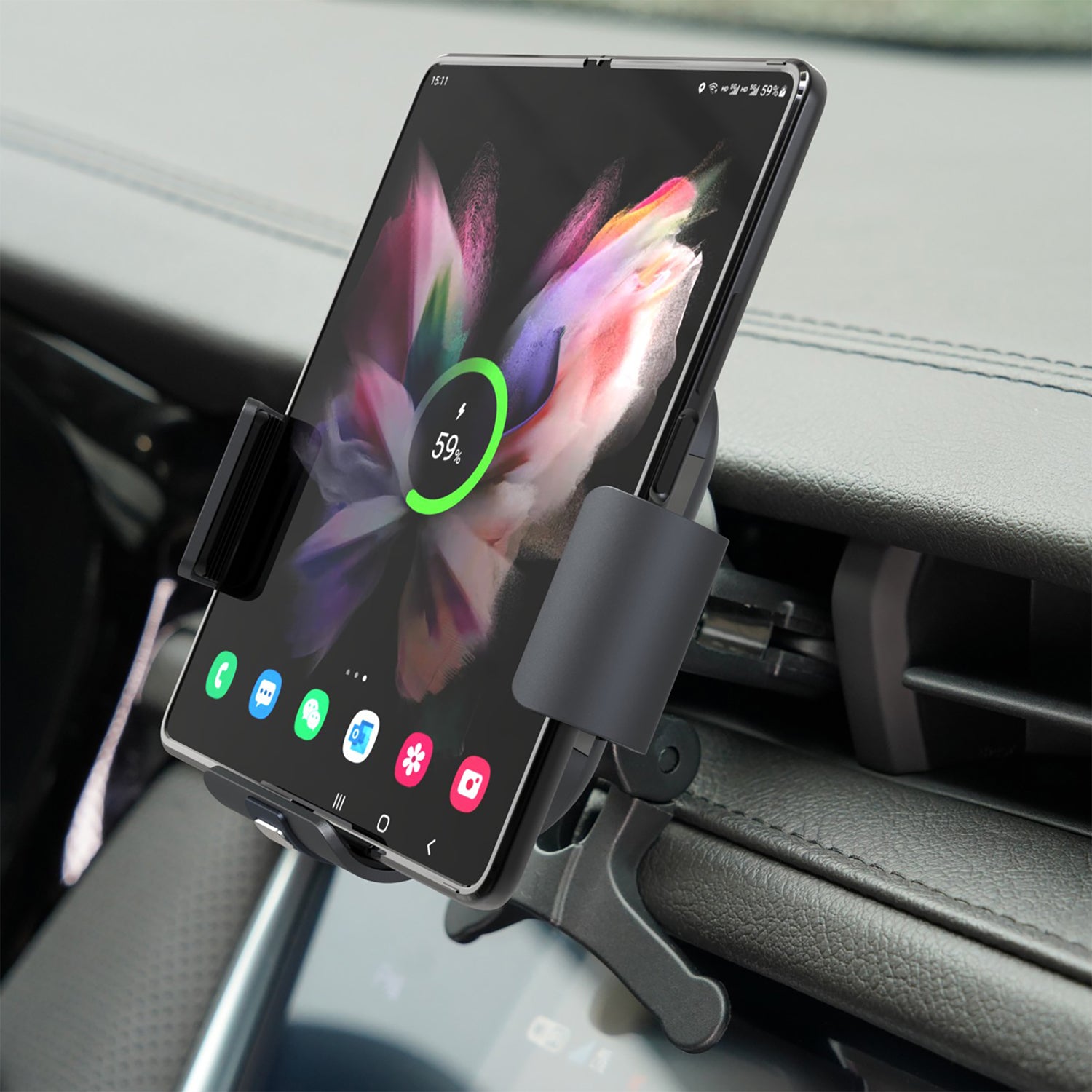 Wireless Car Charger Mount For Samsung Galaxy Z Fold 5/4/3/2, Auto-Clamping Air Vent Dashboard Car Phone Holder ，Replaceable Suction Cup-Black