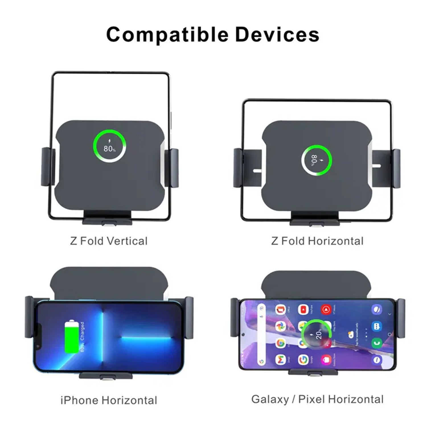 Wireless Car Charger Mount For Samsung Galaxy Z Fold 5/4/3/2, Auto-Clamping Air Vent Dashboard Car Phone Holder ，Replaceable Suction Cup-Black