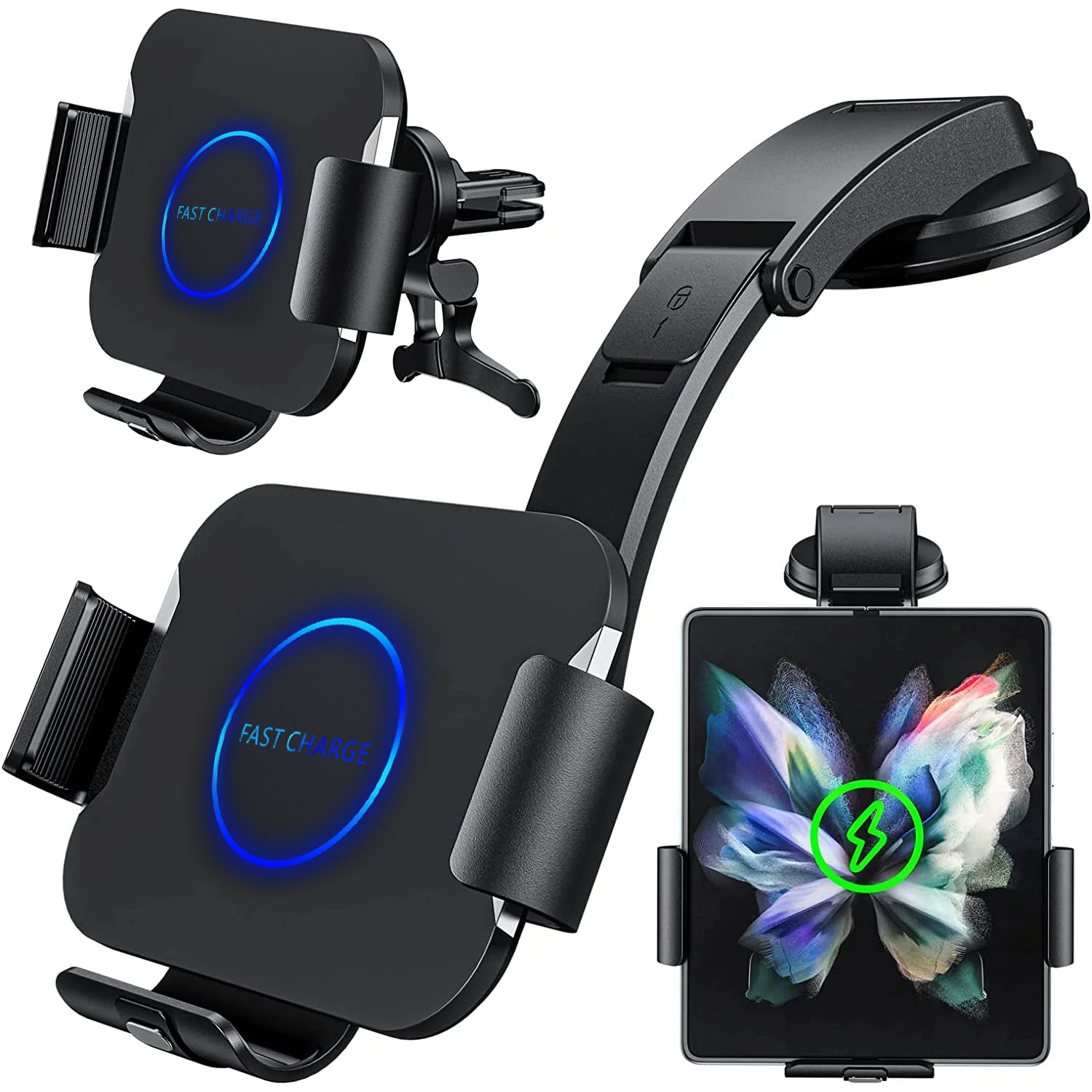 Wireless Car Charger Mount For Samsung Galaxy Z Fold 5/4/3/2, Auto-Clamping Air Vent Dashboard Car Phone Holder ，Replaceable Suction Cup-Black