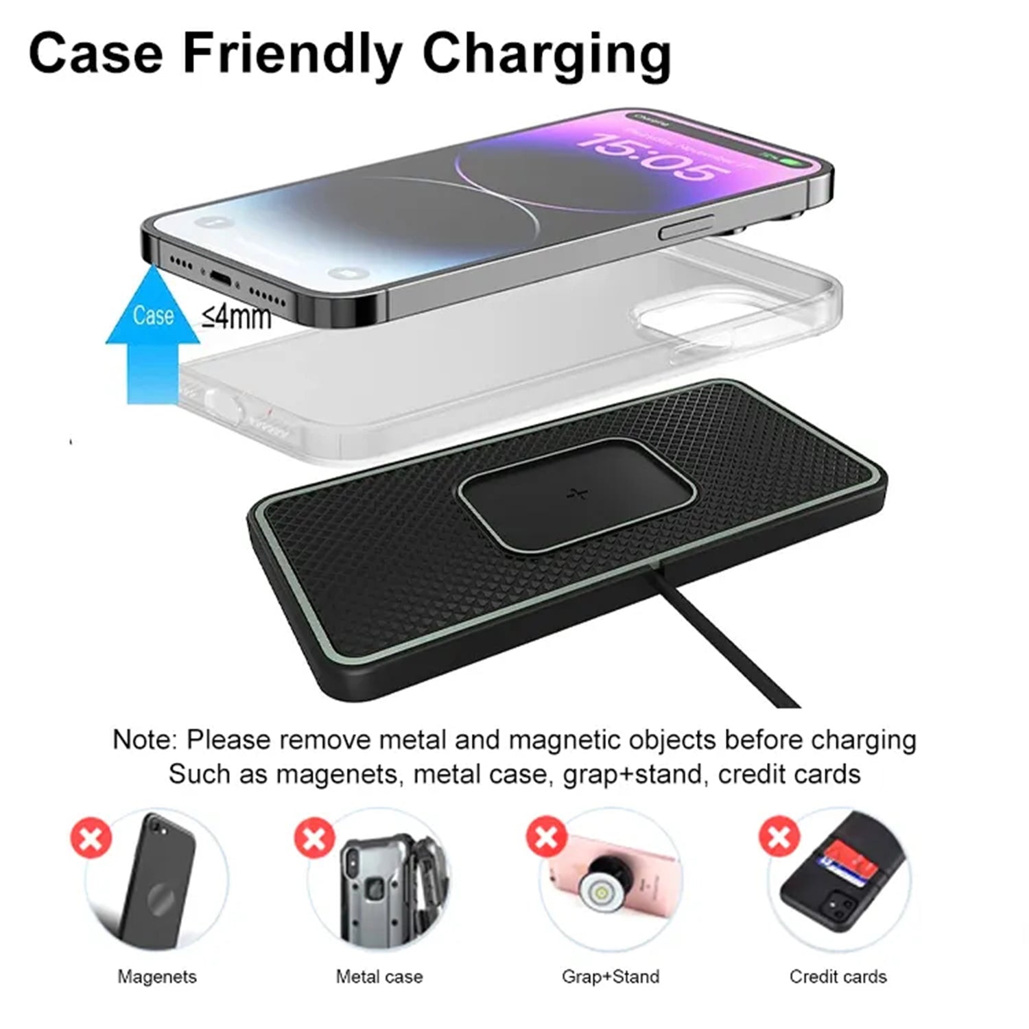 15W Car Fast Wireless Charger Silicone Pad Charging Launch Pad For Smartphone-Black