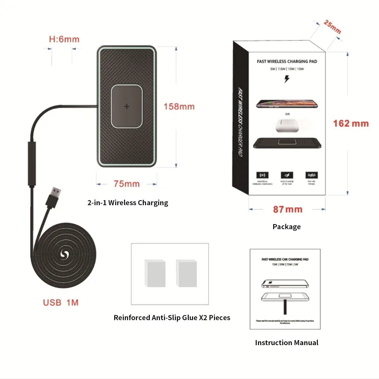 15W Car Fast Wireless Charger Silicone Pad Charging Launch Pad For Smartphone-Black