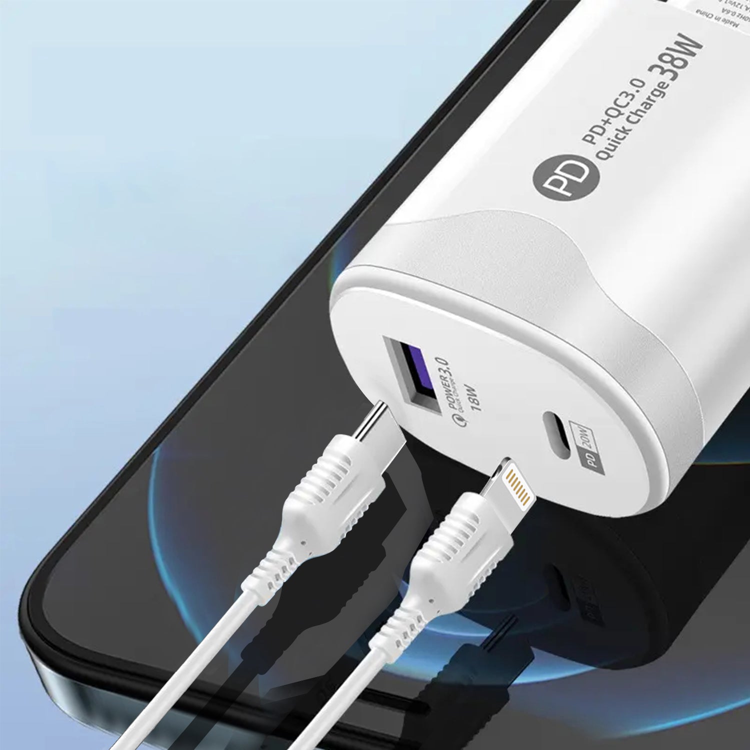 2in1 PD 38W (Type-C+Lightning）Fast Charge Adapter Compatible With iPhone 15 Series-White