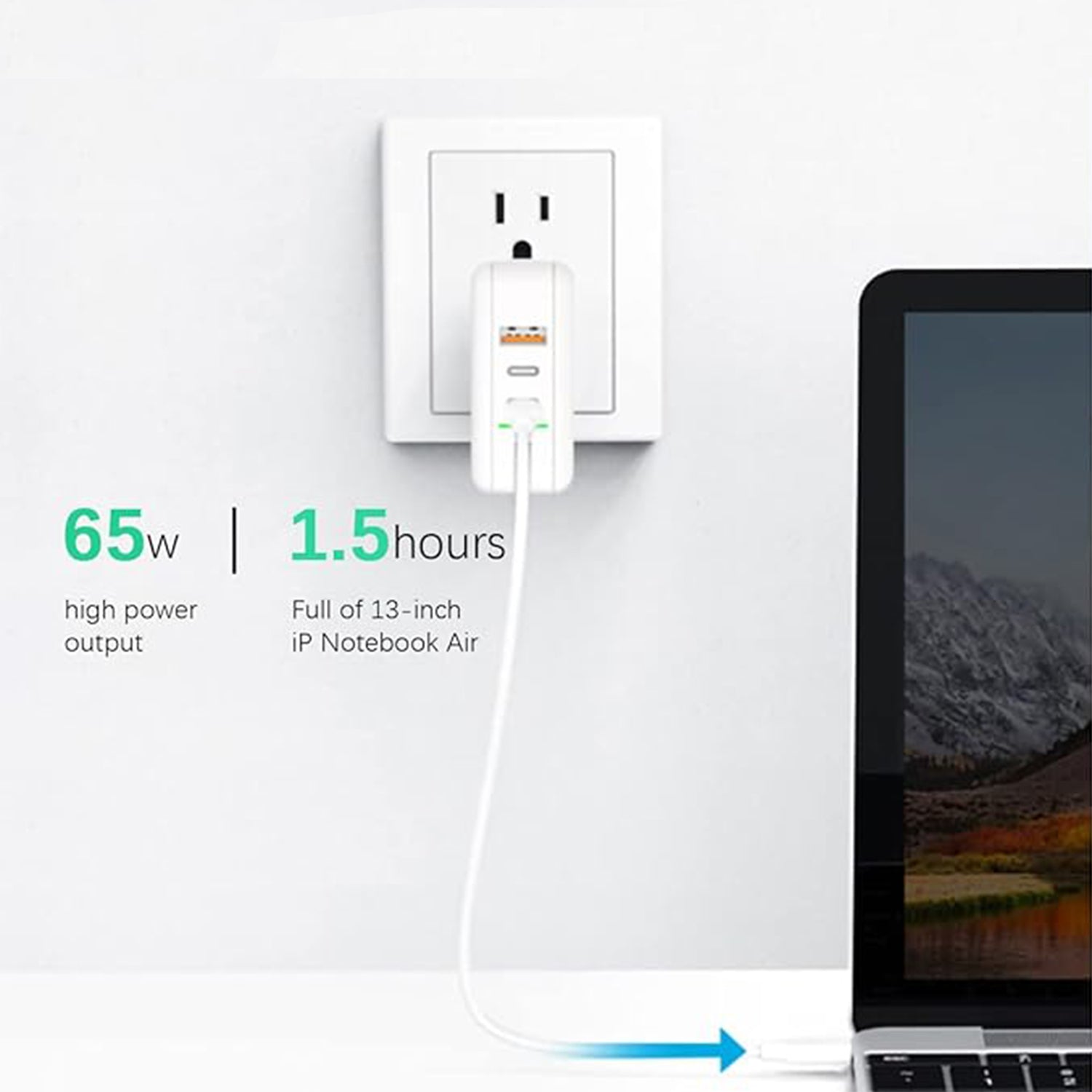 3 Ports(2 type-c ports+1 USB port) 65W mini MacBook fast charger adapter