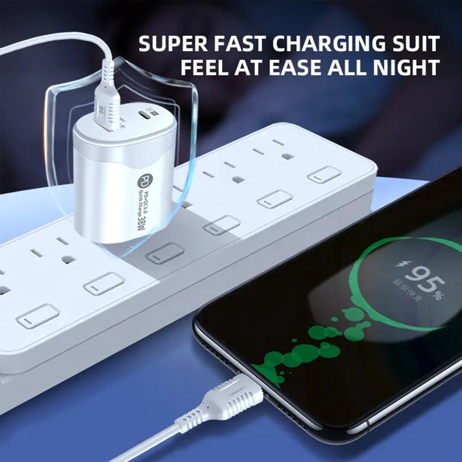 38W American Standard Type-C Fast Charge Head Pd20w + QC 3.0 Smart Phone Direct Charging Charger with Data Cable-White