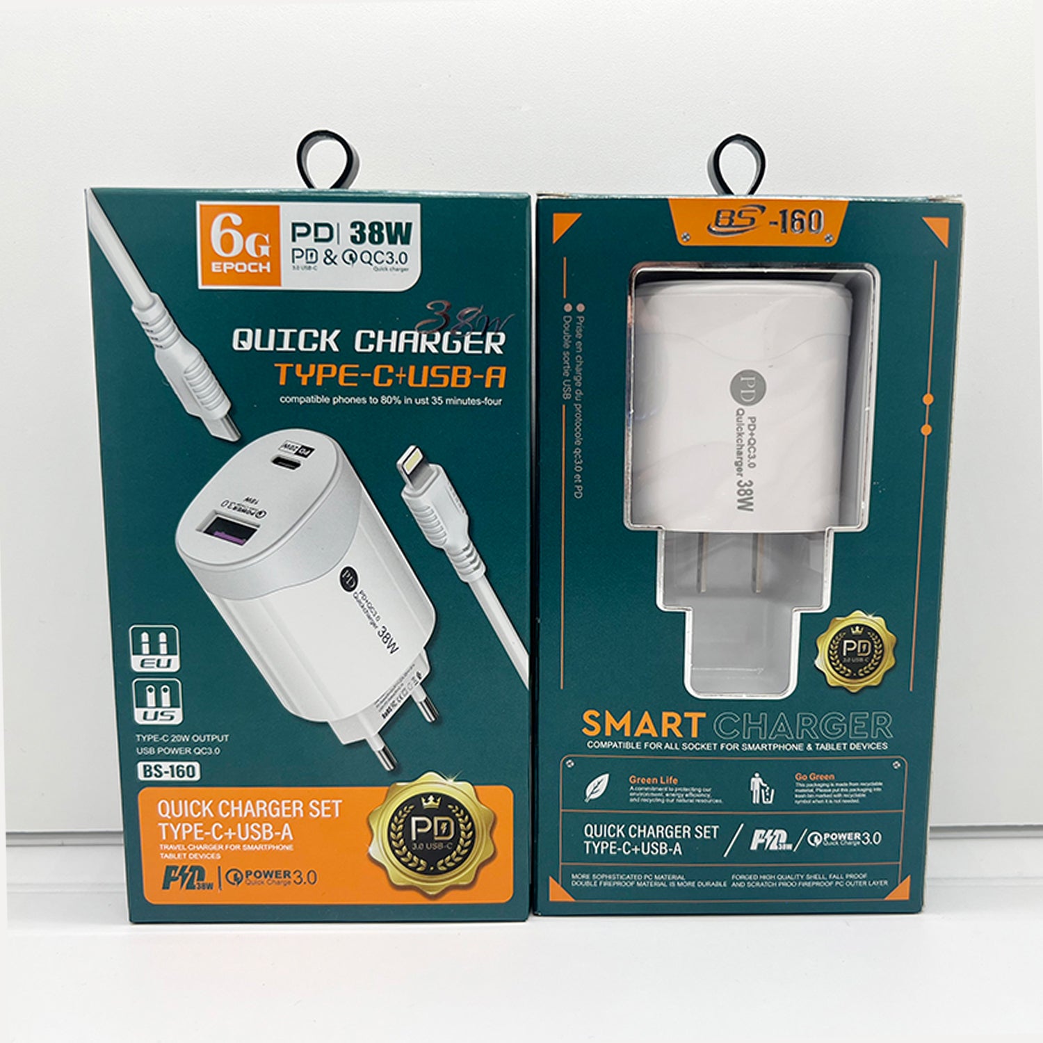 38W American Standard Type-C Fast Charge Head Pd20w + QC 3.0 Smart Phone Direct Charging Charger with Data Cable-White