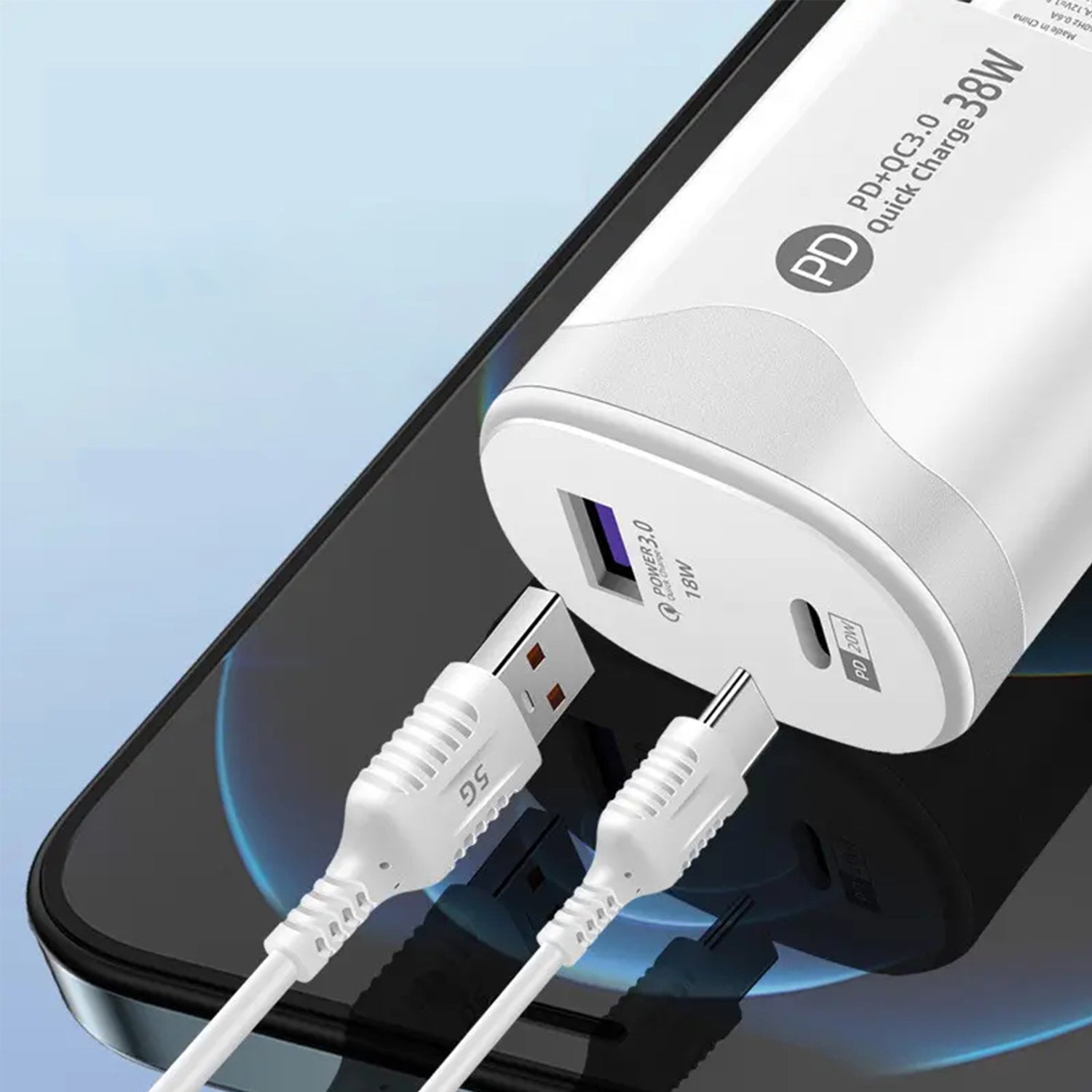 2in1 PD 38W (USB＋Type-C）Fast Charge Adapter Compatible With iPhone 15 Series-White