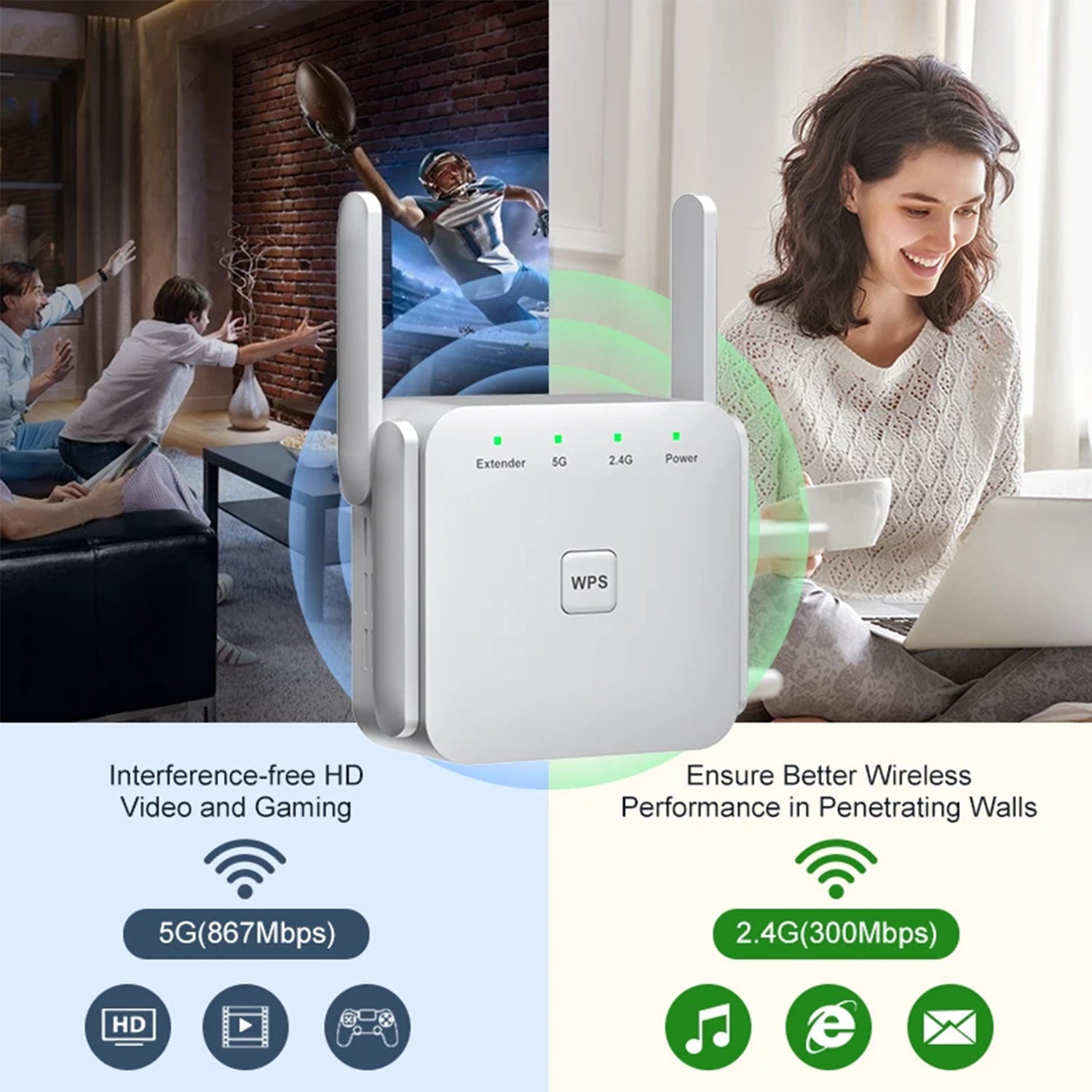 WiFi Extender 5G 1200Mbps Wi-Fi Signal Booster Amplifier for Home WiFi 2.4GHz Dual Band Wireless Repeater with Strong,4 Antennas 360° Coverage with Ethernet Port AP Mode