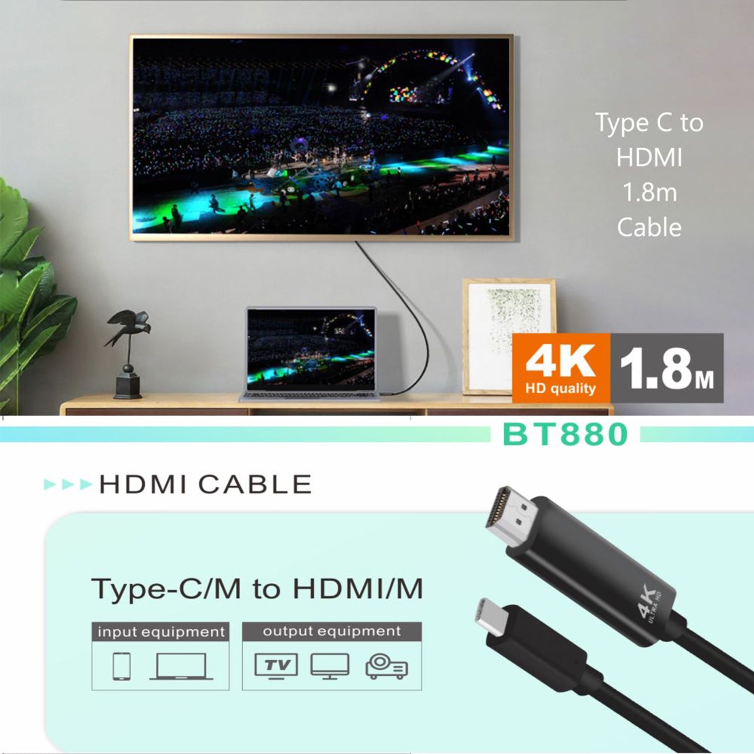 Type-C to HDMI Cable for Smartphone and Laptops with Type-C