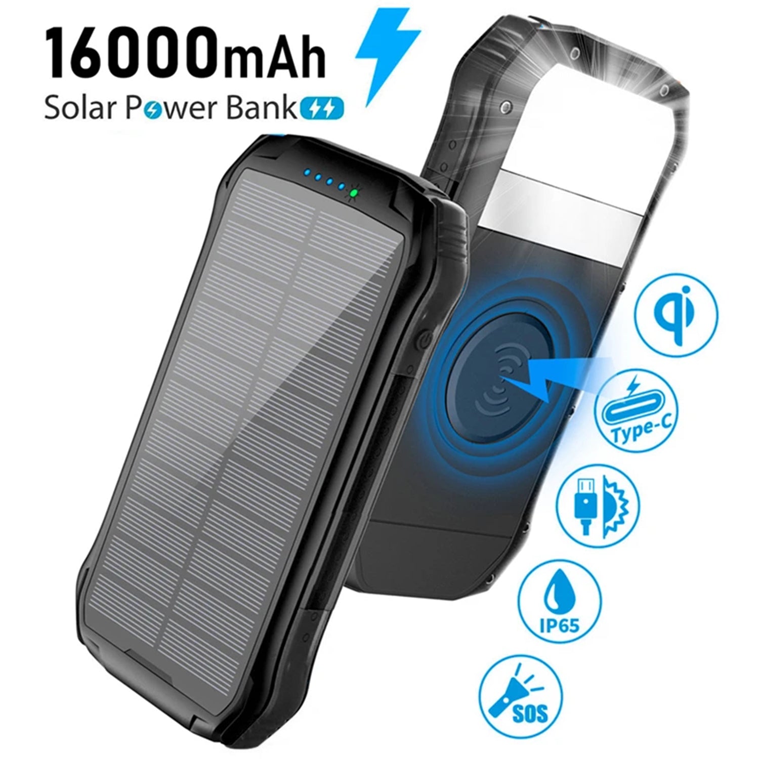 PD&2USB Ports Waterproof 16000mAh Solar Charger Powr Bank with LED Light