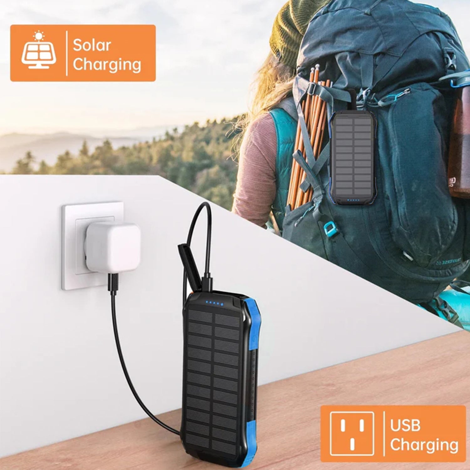 PD&2USB Ports Waterproof 16000mAh Solar Charger Powr Bank with LED Light