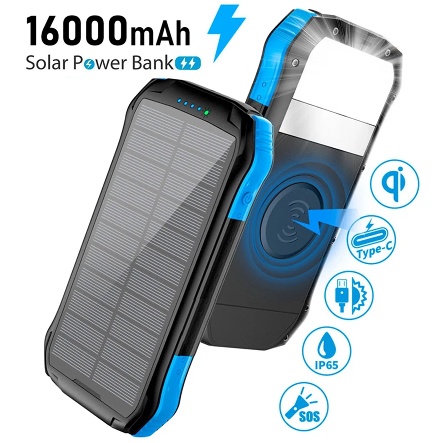 PD&2USB Ports Waterproof 16000mAh Solar Charger Powr Bank with LED Light