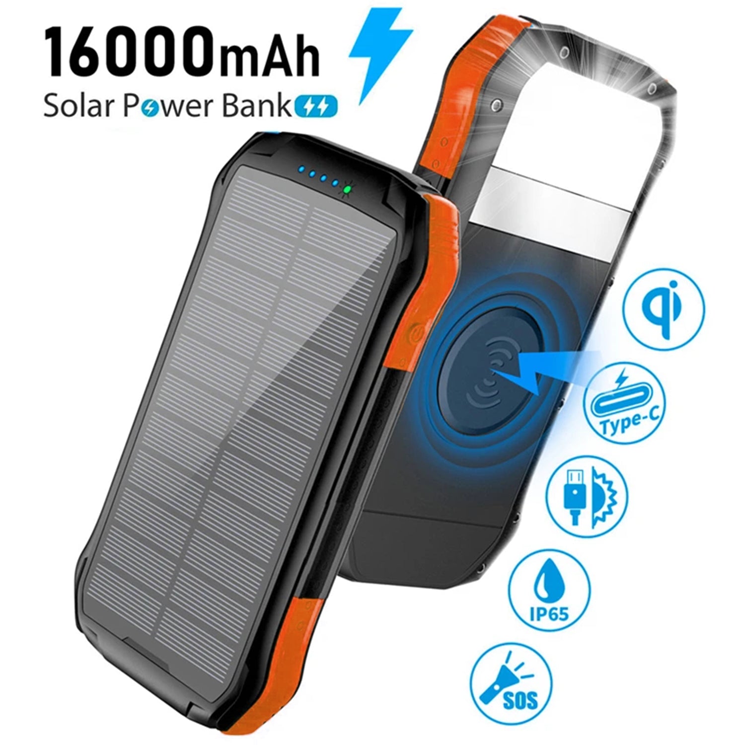 PD&2USB Ports Waterproof 16000mAh Solar Charger Powr Bank with LED Light