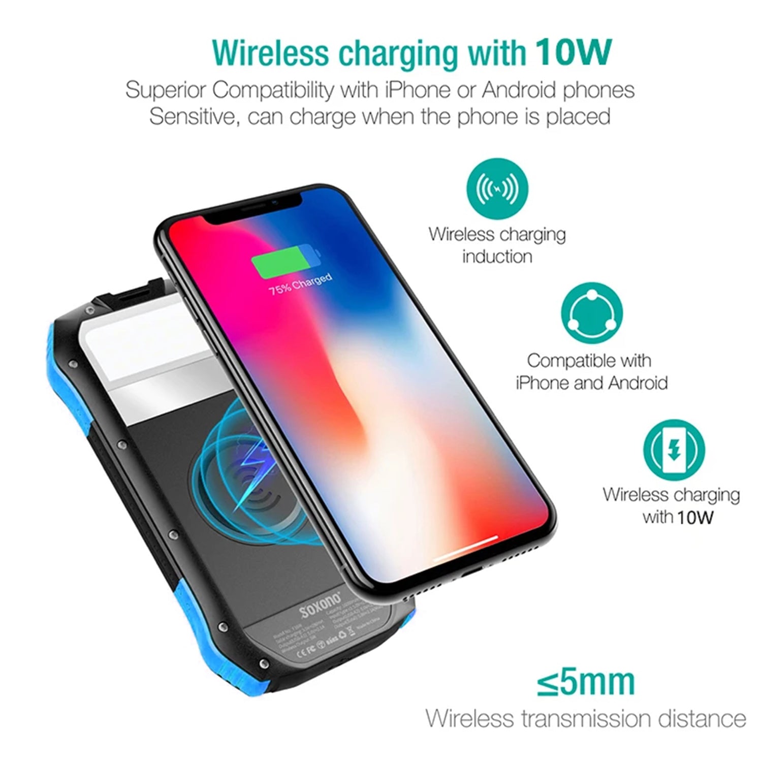 Wireless Charging PD&2USB Ports Waterproof 16000mAh Solar Charger Powr Bank with LED Light