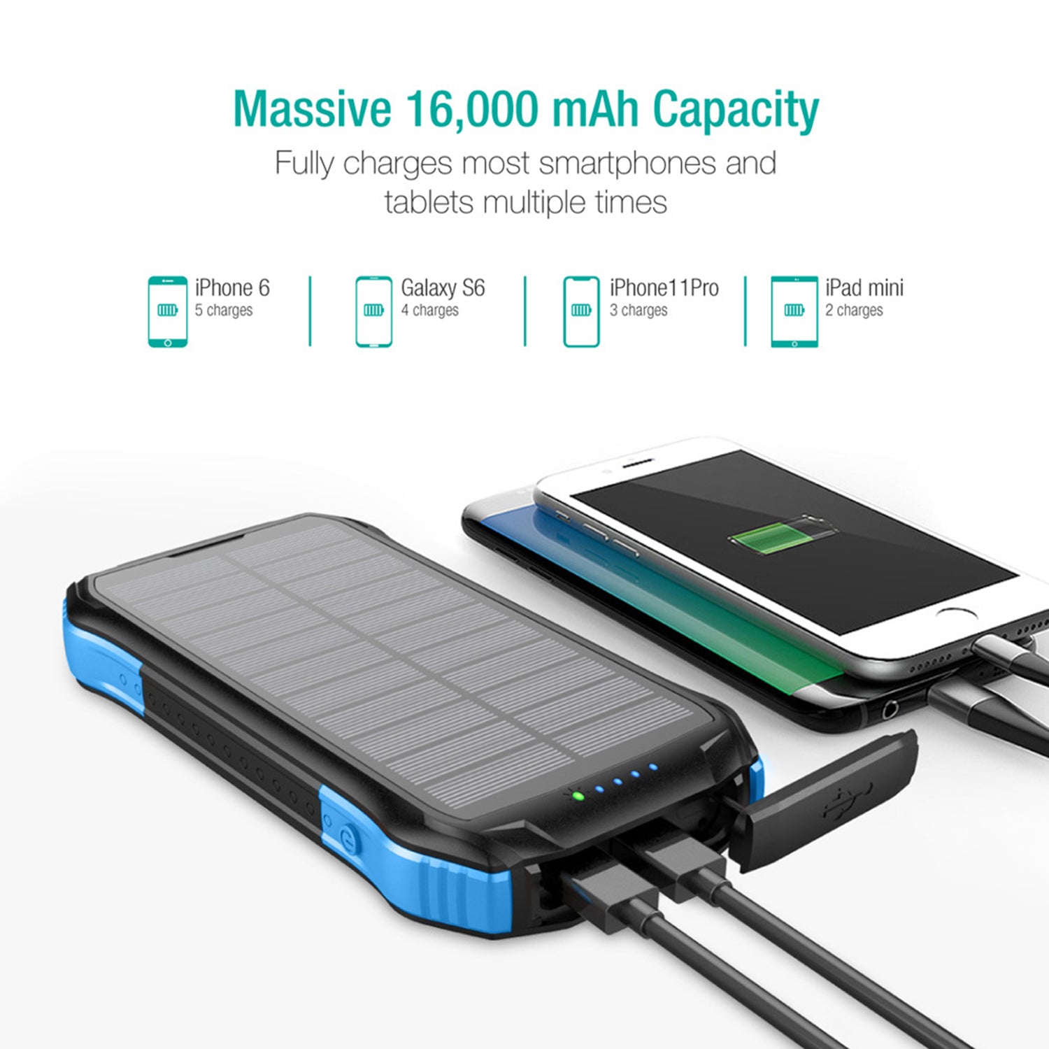 Wireless Charging PD&2USB Ports Waterproof 16000mAh Solar Charger Powr Bank with LED Light