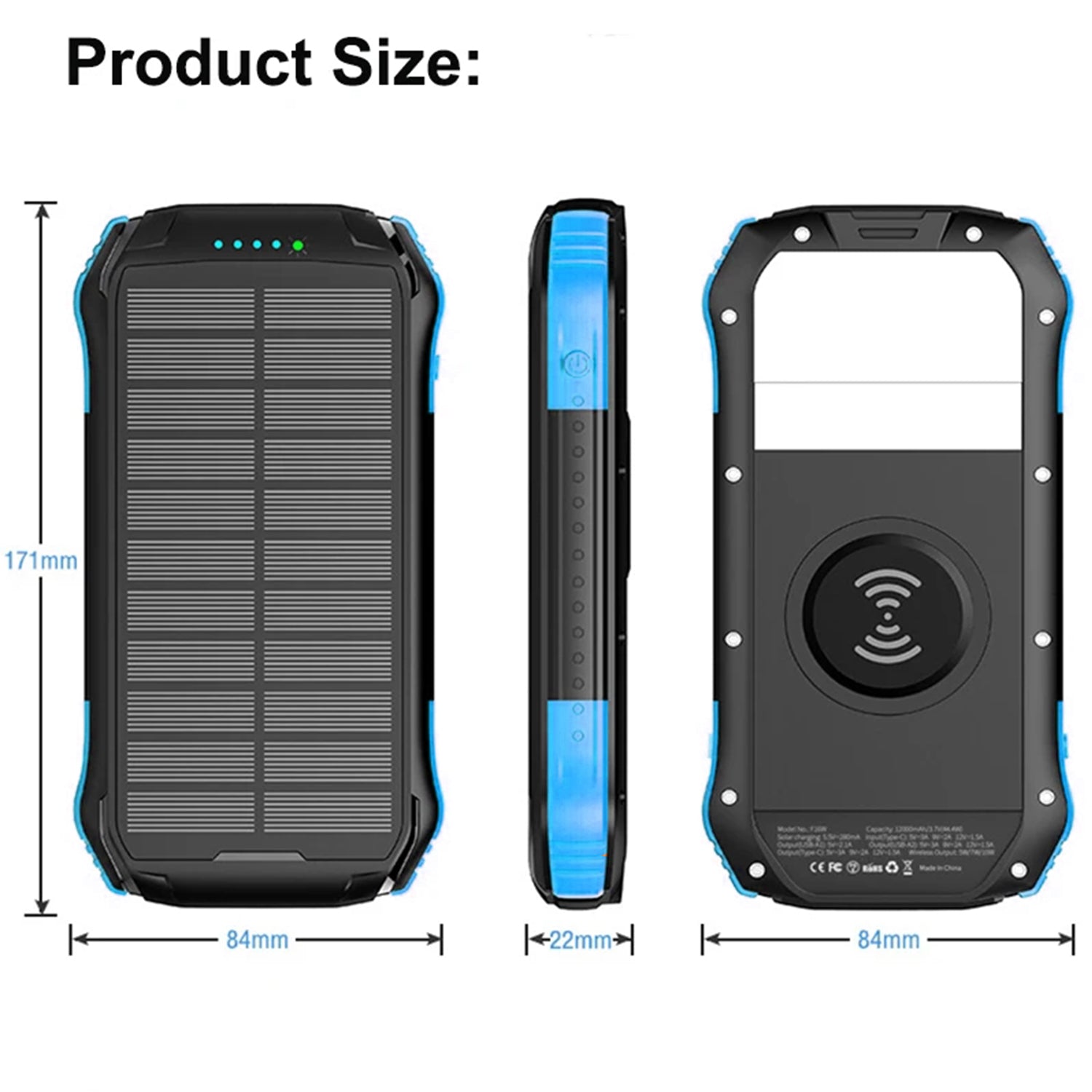 Wireless Charging PD&2USB Ports Waterproof 16000mAh Solar Charger Powr Bank with LED Light