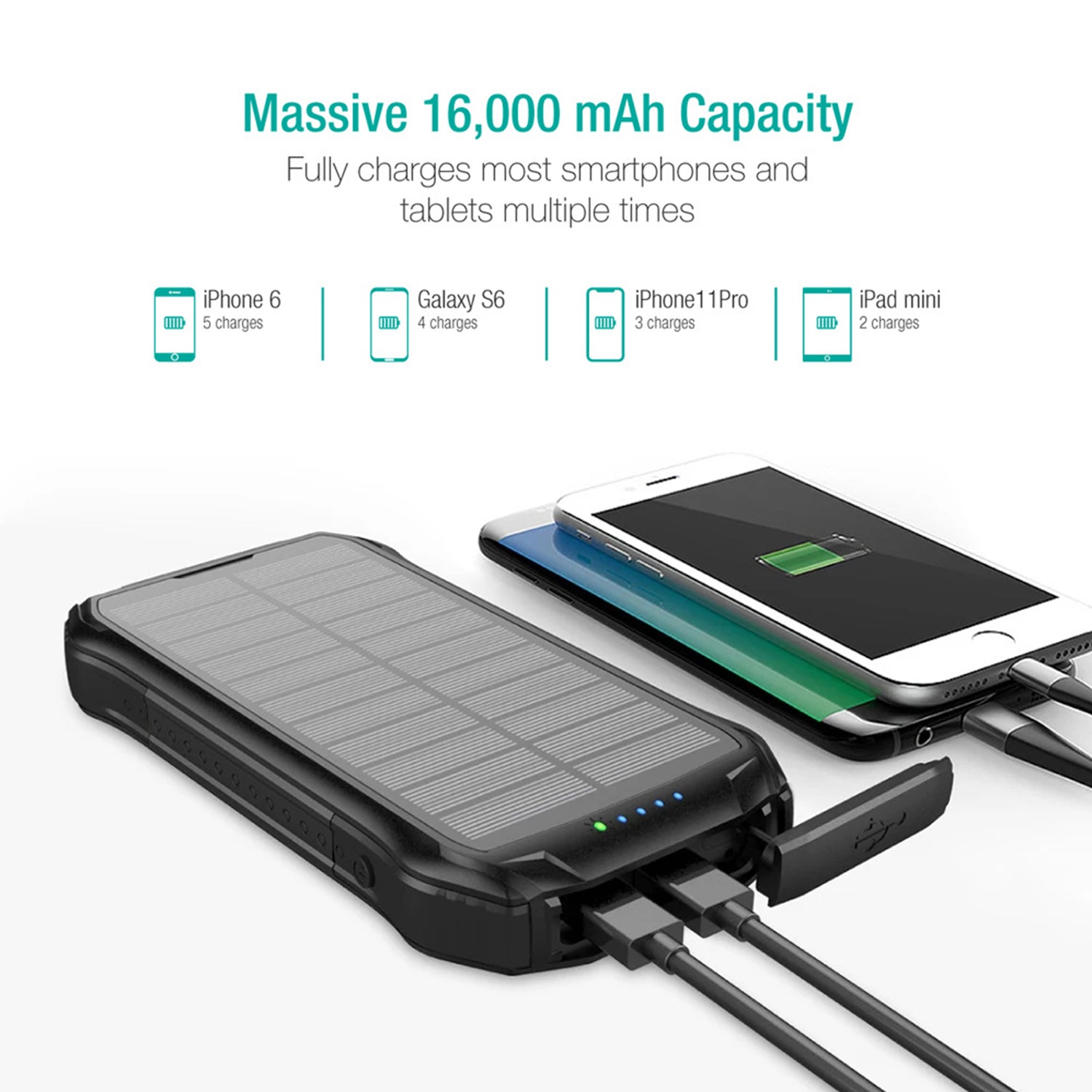 Wireless Charging PD&2USB Ports Waterproof 16000mAh Solar Charger Powr Bank with LED Light
