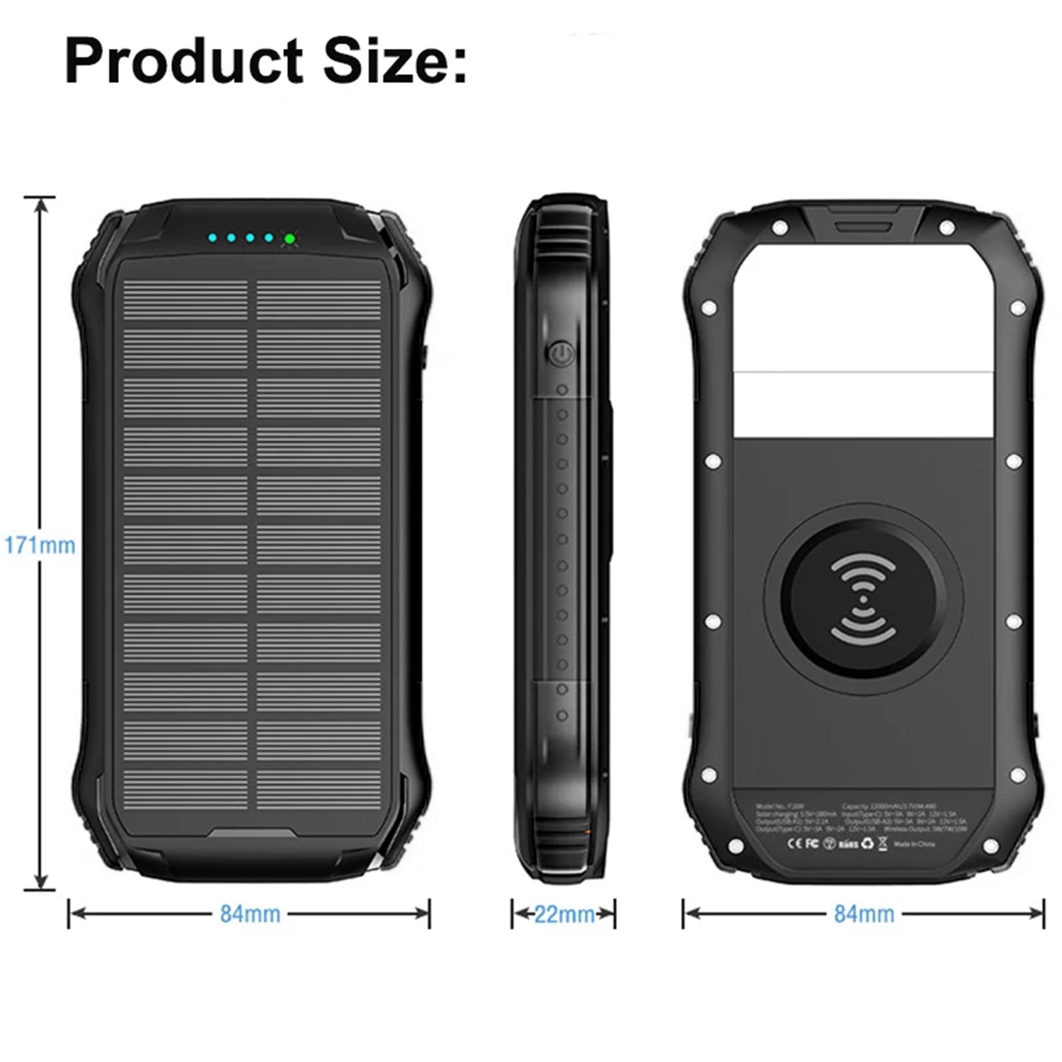 Wireless Charging PD&2USB Ports Waterproof 16000mAh Solar Charger Powr Bank with LED Light