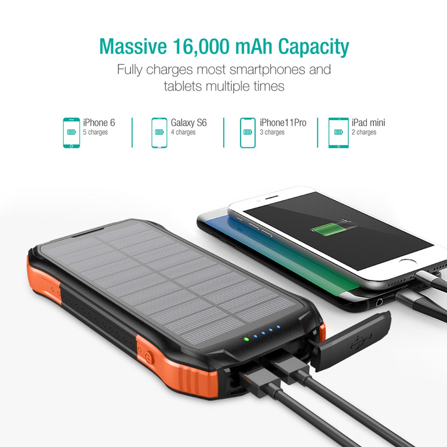 Wireless Charging PD&2USB Ports Waterproof 16000mAh Solar Charger Powr Bank with LED Light